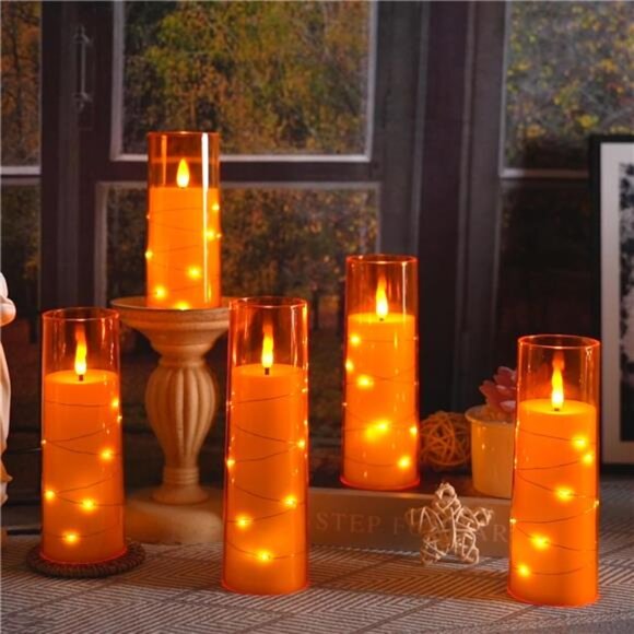 5 Pc Flameless LED Candles with Timer - Orange, Flickering, Star String Decor - Picture 3 of 6